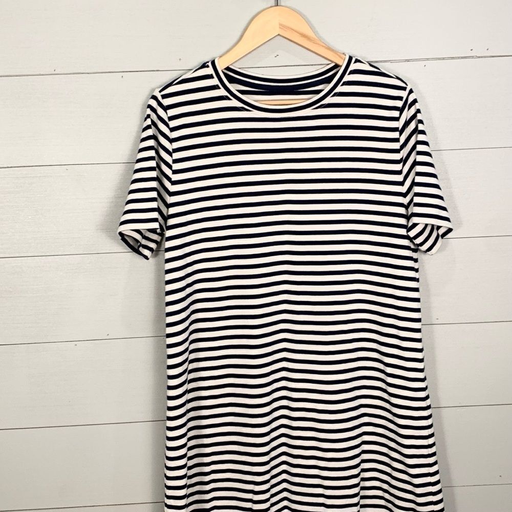 Lou & Gray horizontal blue and tan knee length tee shirt dress 100% cotton large